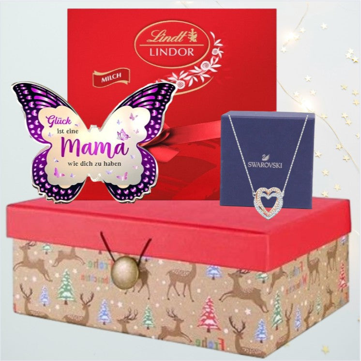 Swarovski Hyperbola Herz-Halskette – Geschenk für Mama – mit lila Schmetterlingsverzierung und Lindt Pralinen
