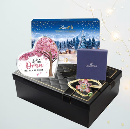 Swarovski Idyllia Blumenarmband – Geschenk für Oma – mit herzförmiger Acrylverzierung und Lindt Pralinen
