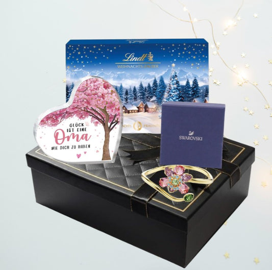 Swarovski Idyllia Blumenarmband – Geschenk für Oma – mit herzförmiger Acrylverzierung und Lindt Pralinen
