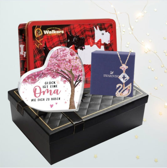 Swarovski-Schwanenhalskette – Geschenk für Oma – mit herzförmiger Acrylverzierung und Walkers Shortbread-Dose