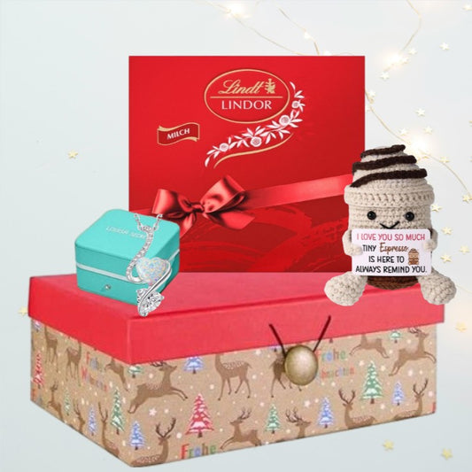 Weihnachtsgeschenk – Opal-Halskette „Ich liebe dich“ mit niedlichem Erinnerungsplüschtier und Lindt Pralinen