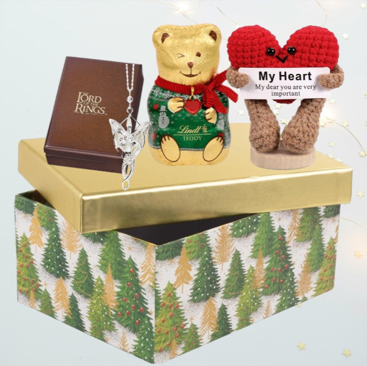 Weihnachtsgeschenkbox – Herr der Ringe Arwen Abendstern-Anhänger &amp; Lindt Teddybär