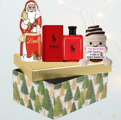 Weihnachtsgeschenkbox für ihn – „Für den Mann, den ich liebe“ mit niedlichem Erinnerungsplüschtier