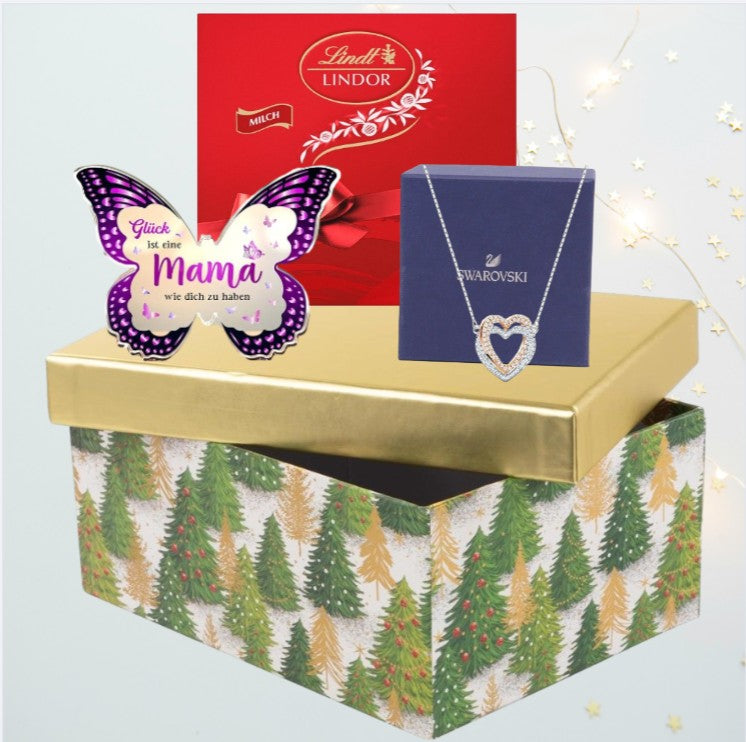Swarovski Hyperbola Herz-Halskette – Geschenk für Mama – mit lila Schmetterlingsverzierung und Lindt Pralinen