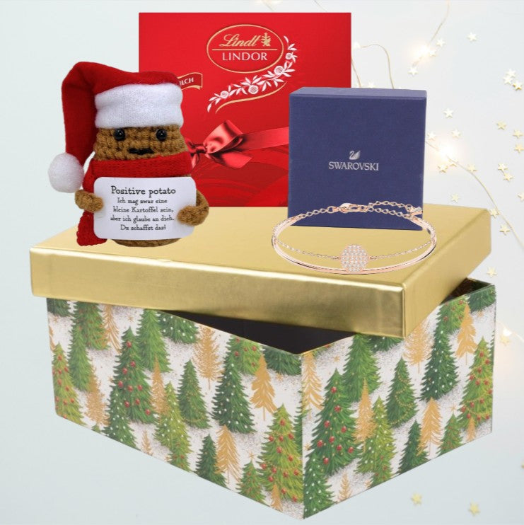 Swarovski Remix Charm-Armband-Weihnachtsgeschenkbox – mit handgefertigten Häkelherzen und Lindt Goldpralinen