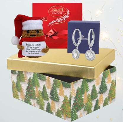 Swarovski Una Angelic Ohrringe Weihnachtsgeschenkbox – mit Glücksbringer „Positiver Freund“ und LINDOR Präsent Milch Klassik