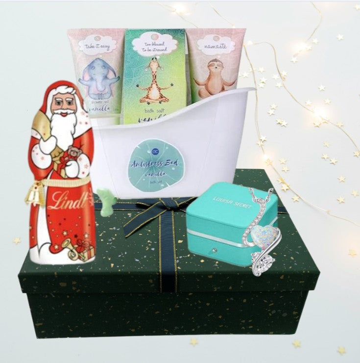 Weihnachtsgeschenk – Opalherz-Halskette „Ich liebe dich“ mit Spa-Set und Lindt-Weihnachtsmann