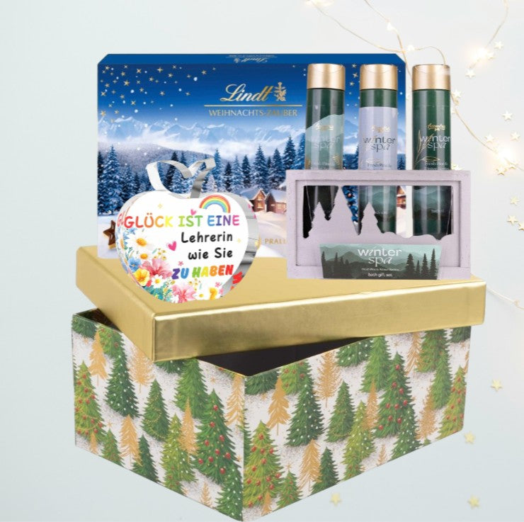 Weihnachtsgeschenkbox für Lehrer – Acrylplakette, Winter-Wellness-Set &amp; Pralinen