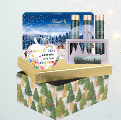 Weihnachtsgeschenkbox für Lehrer – Acrylplakette, Winter-Wellness-Set &amp; Pralinen