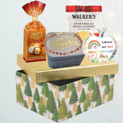 Weihnachtsgeschenkbox für Lehrer – Fossilienarmband, Acrylplakette &amp; Gourmet-Leckereien