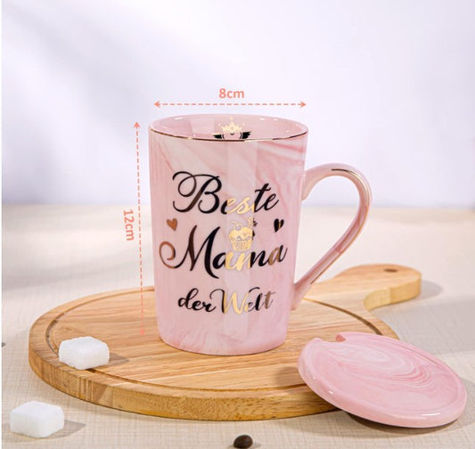 Best Mum in the World Mug – Pink Marble & Gold, 414ml with Lid & Spoon
