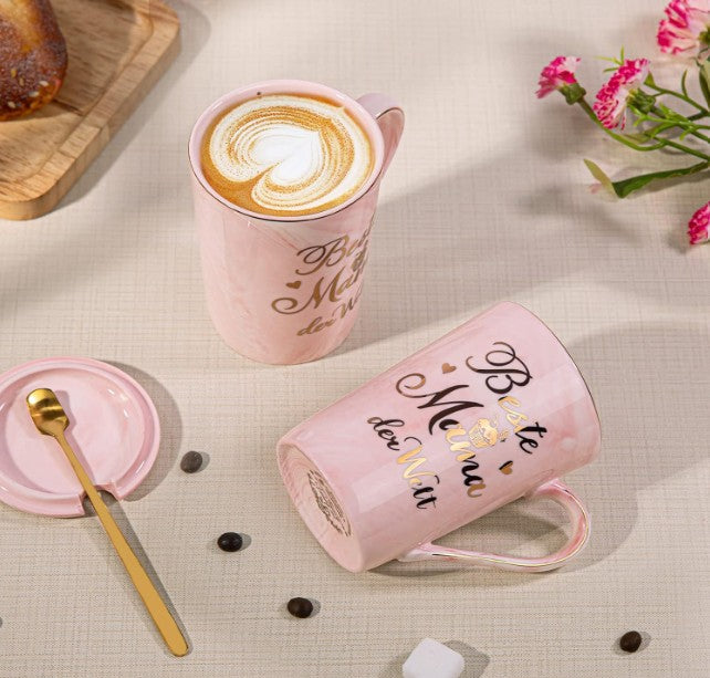 Best Mum in the World Mug – Pink Marble & Gold, 414ml with Lid & Spoon