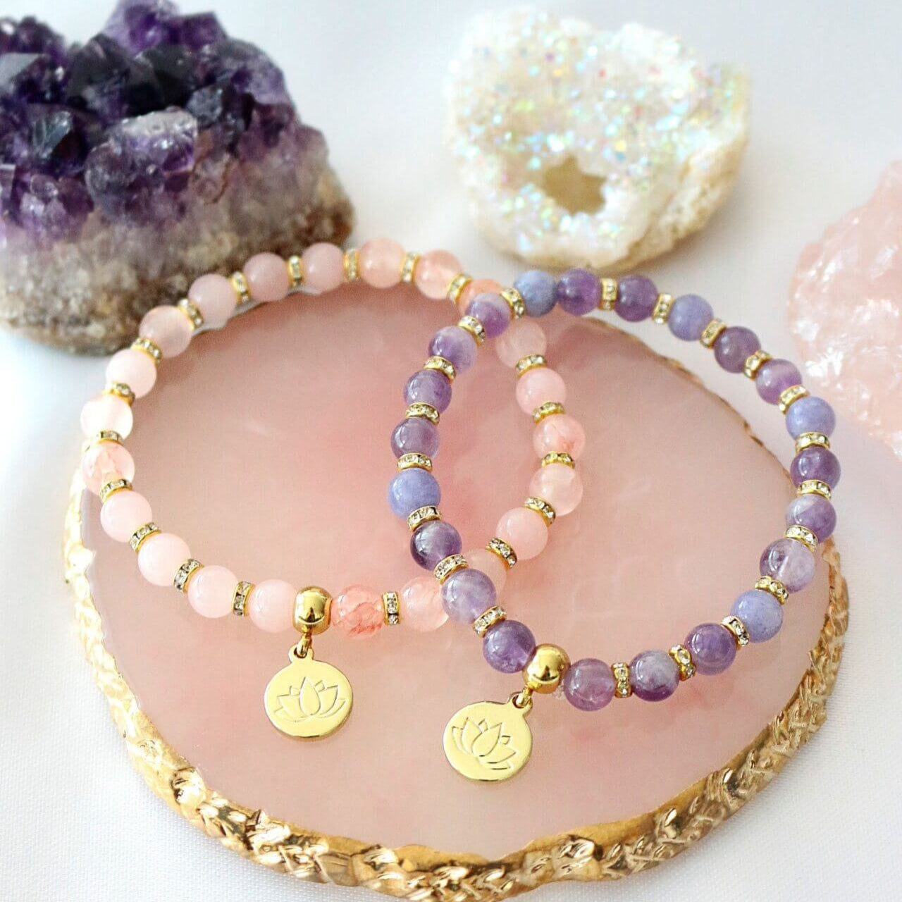 Rose Quartz & Amethyst Elastic Bracelet With 24K Gold-Plated Lotus Flower Charm — Your Amulet for Love & Peace