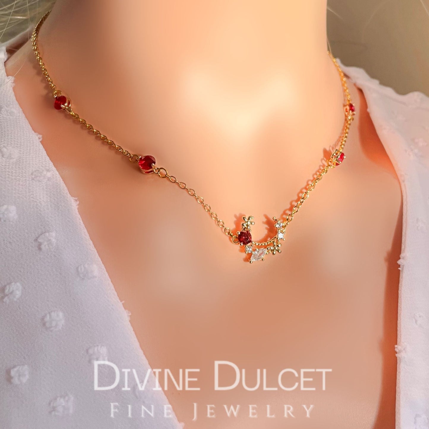 Fairy Garden Necklace 24K Gold-Plated with Red Cubic Zirconia - A dainty touch of magic.
