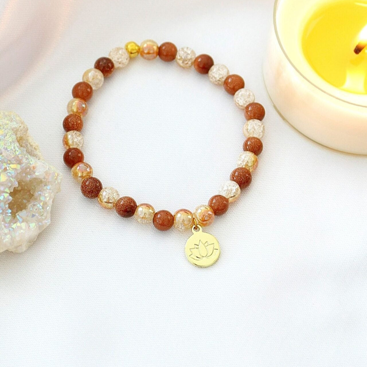 Orange Goldstone Lotus Bracelet 24K Gold - Wear abundance, Attract light.