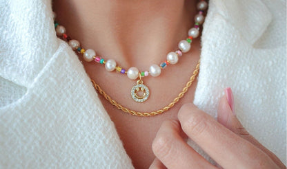Colourful Pearl & Smiley Charm Choker 24 Karats Gold - A playful blend of elegance and joy