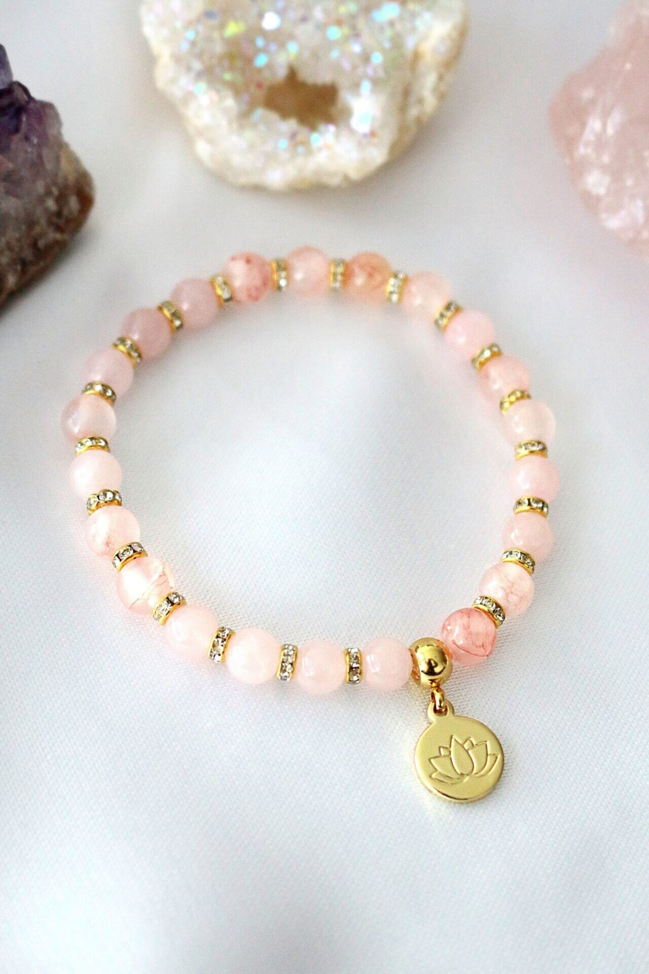 Rose Quartz & Amethyst Elastic Bracelet With 24K Gold-Plated Lotus Flower Charm — Your Amulet for Love & Peace