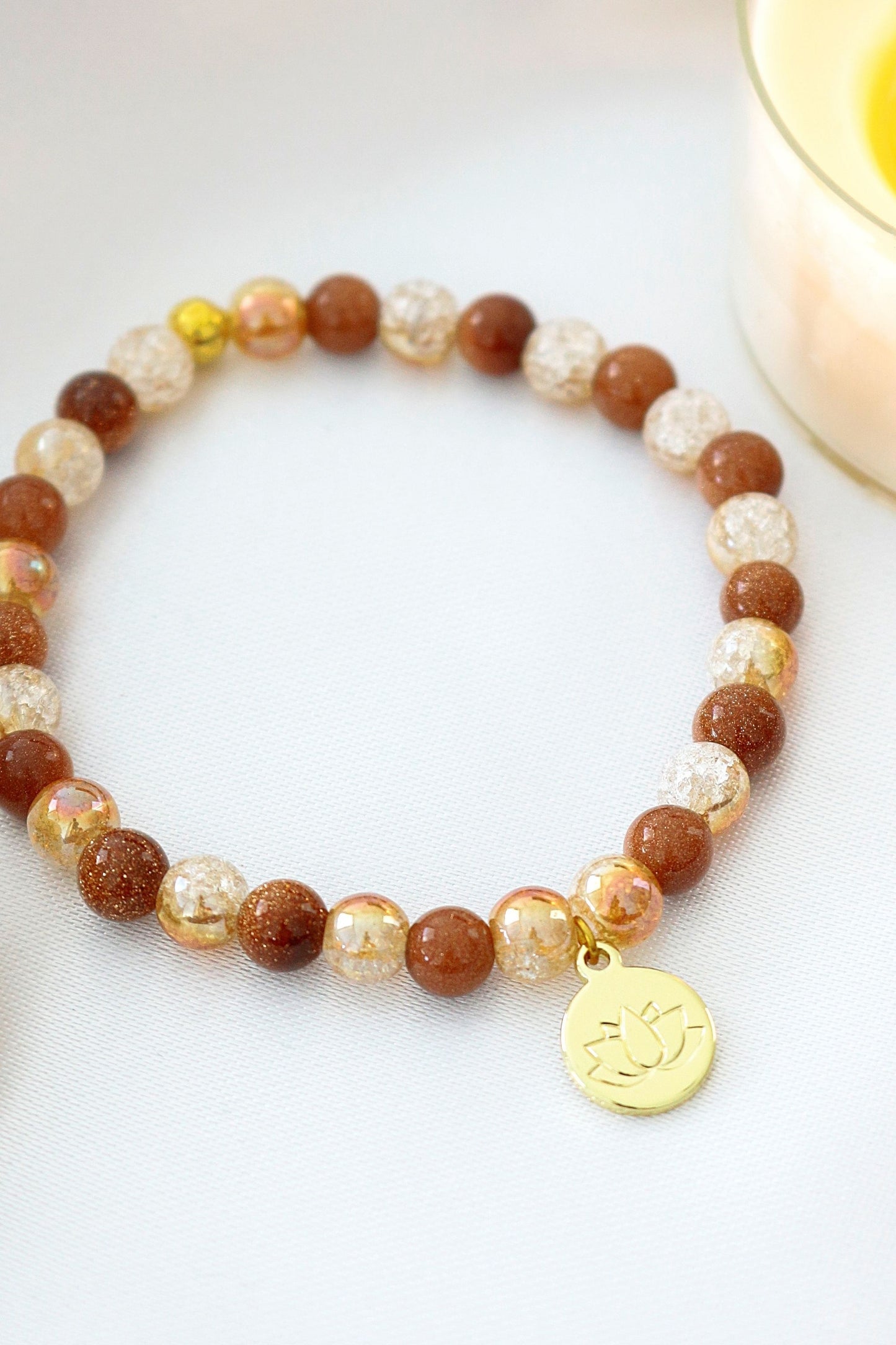 Orange Goldstone Lotus Bracelet 24K Gold - Wear abundance, Attract light.