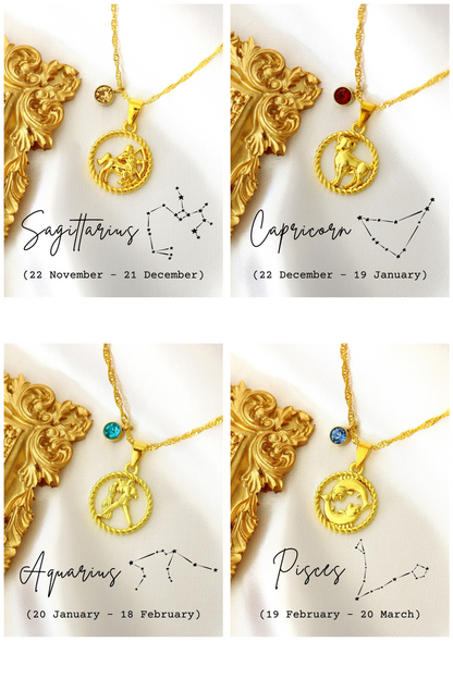 Dainty Gold Zodiac Coin Necklace with Crystal Birthstone — Let the Stars Tell Your Story
