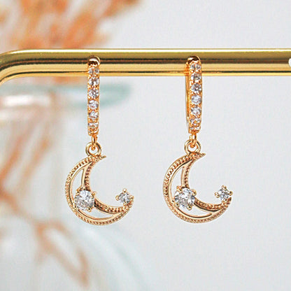 Gold Crescent Moon Hoop Earrings with Cubic Zirconia - Catch the light, shine like the moon