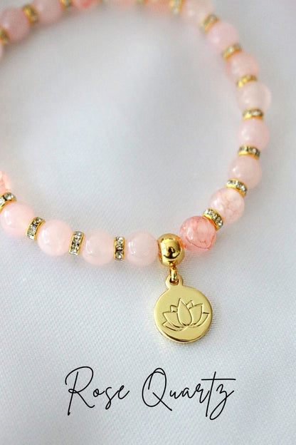 Rose Quartz & Amethyst Elastic Bracelet With 24K Gold-Plated Lotus Flower Charm — Your Amulet for Love & Peace