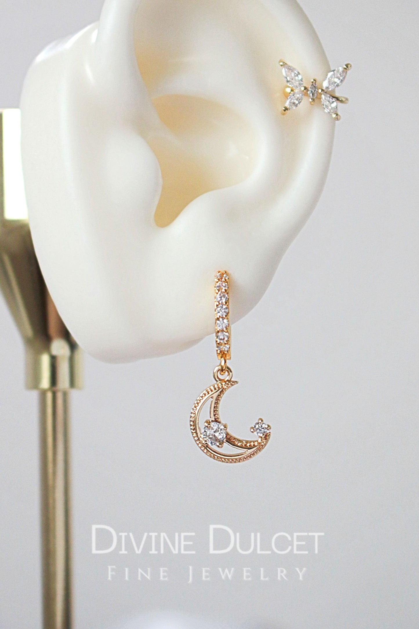 Gold Crescent Moon Hoop Earrings with Cubic Zirconia - Catch the light, shine like the moon