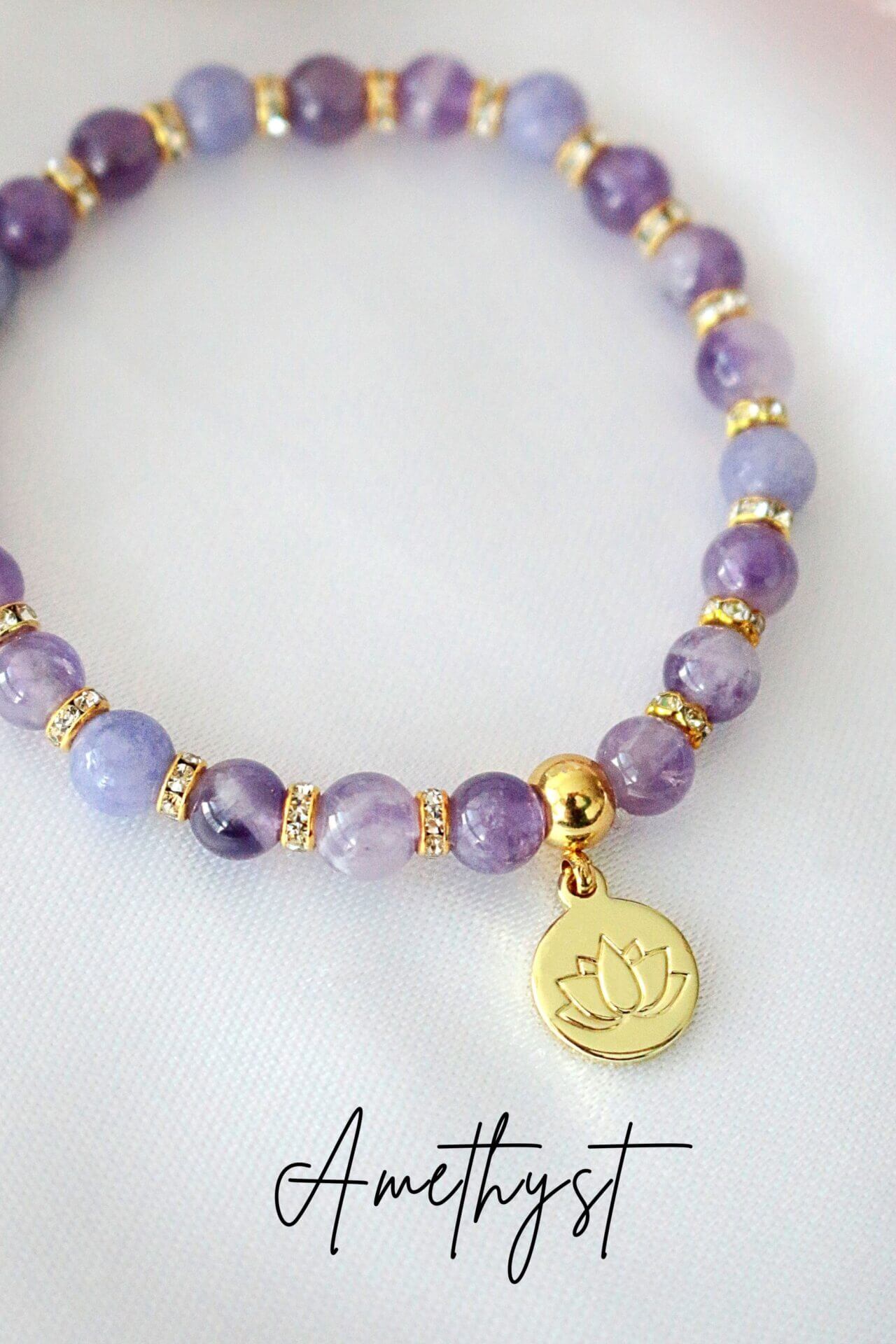 Rose Quartz & Amethyst Elastic Bracelet With 24K Gold-Plated Lotus Flower Charm — Your Amulet for Love & Peace