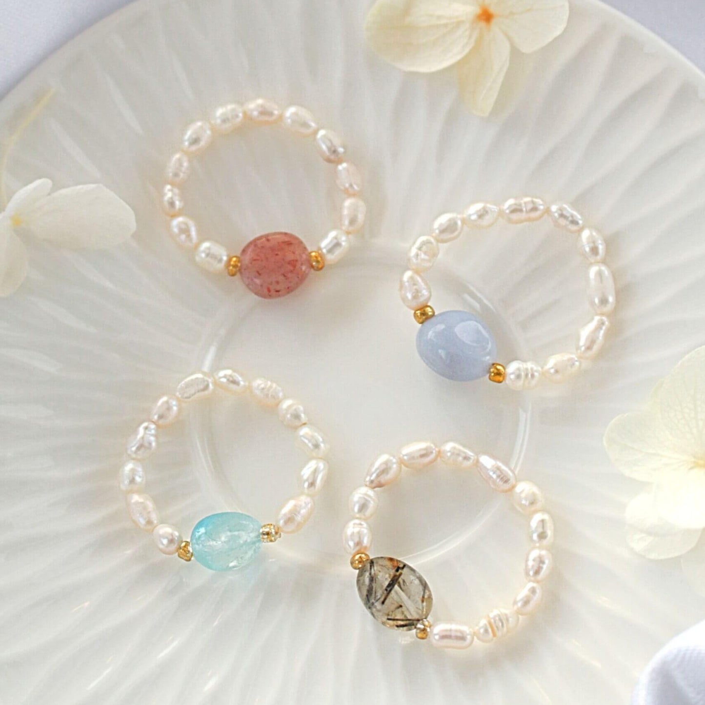 Elastic Rings with Natural Crystals & Freshwater Pearls - Wear your energy, Align your vibe.