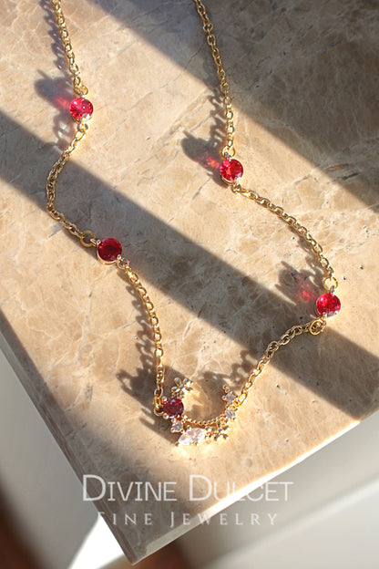 Fairy Garden Necklace 24K Gold-Plated with Red Cubic Zirconia - A dainty touch of magic.